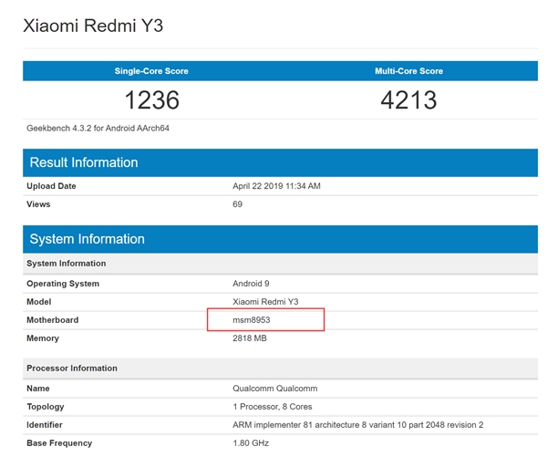 明天发 红米Y3现身GeekBench：搭载骁龙625
