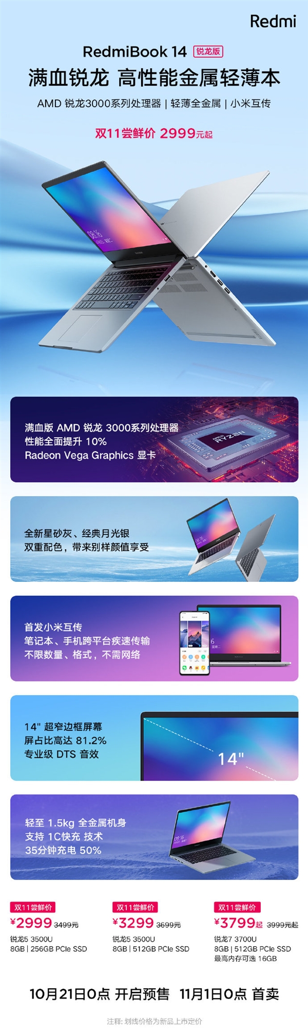 RedmiBook14锐龙版正式发布：轻薄全金属 2999元起！