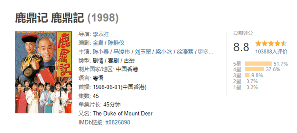 新《鹿鼎记》豆瓣仅2.8分 网友：韦小宝演得像猴子