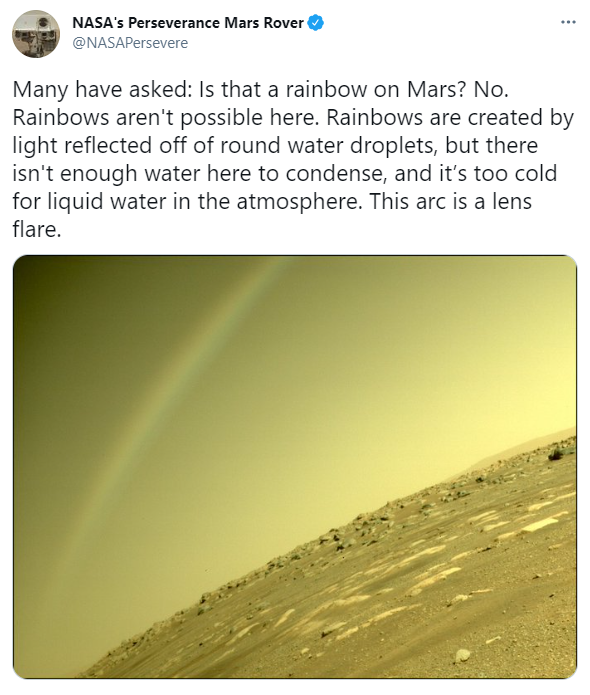 NASA拍摄到火星彩虹景象 官方科普：并非彩虹 镜头光晕导致