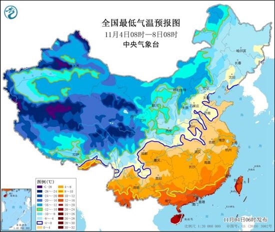 寒潮黄色预警继续 局地降温16℃以上：天气预报图冷到发紫